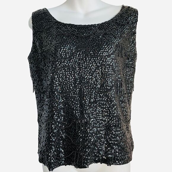 Vintage 1960s Black Sequined Crystal Embellishments Scalloped Formal Party Top M - Picture 13 of 17